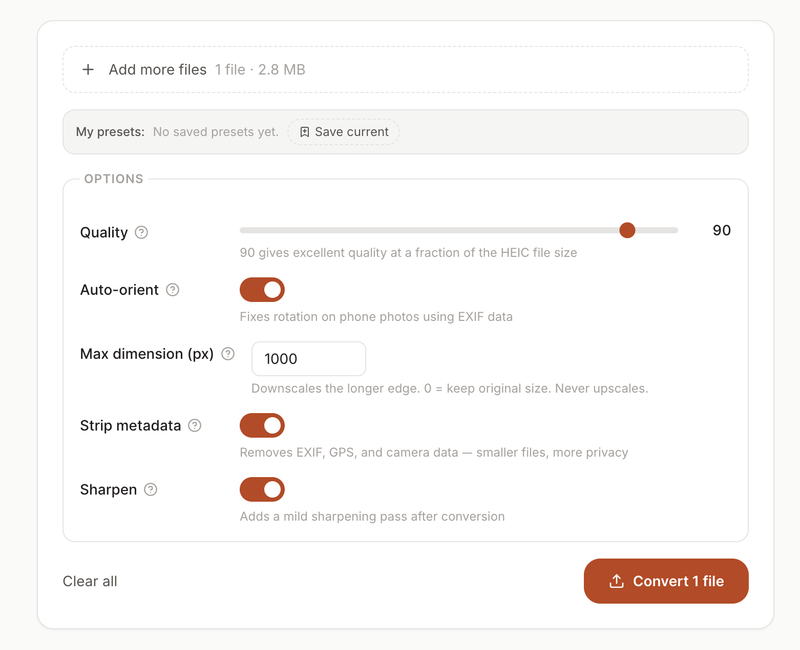 ConvertYard HEIC to JPG settings window showing quality slider and metadata options